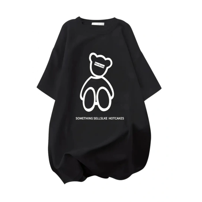 MARSiLYAN- Baskılı Oversize Bisiklet Yaka T-shirt - Siyah