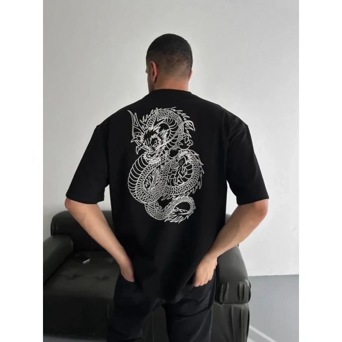 MARSiLYAN- Baskılı Oversize Bisiklet Yaka T-shirt - Siyah
