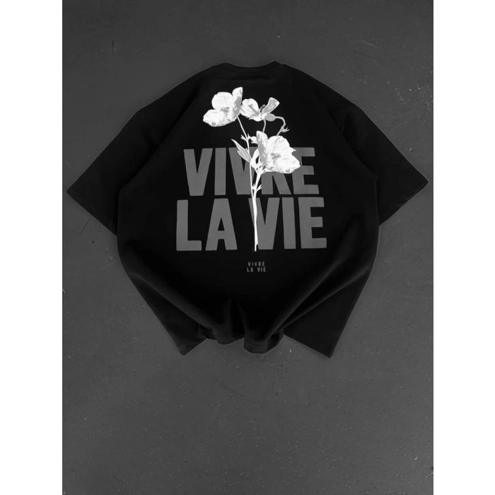 MARSiLYAN- Baskılı Oversize Bisiklet Yaka T-shirt - Siyah