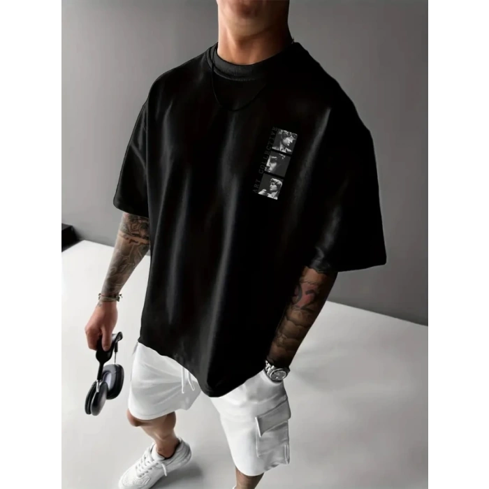 MARSiLYAN- Baskılı Oversize Bisiklet Yaka Tshirt