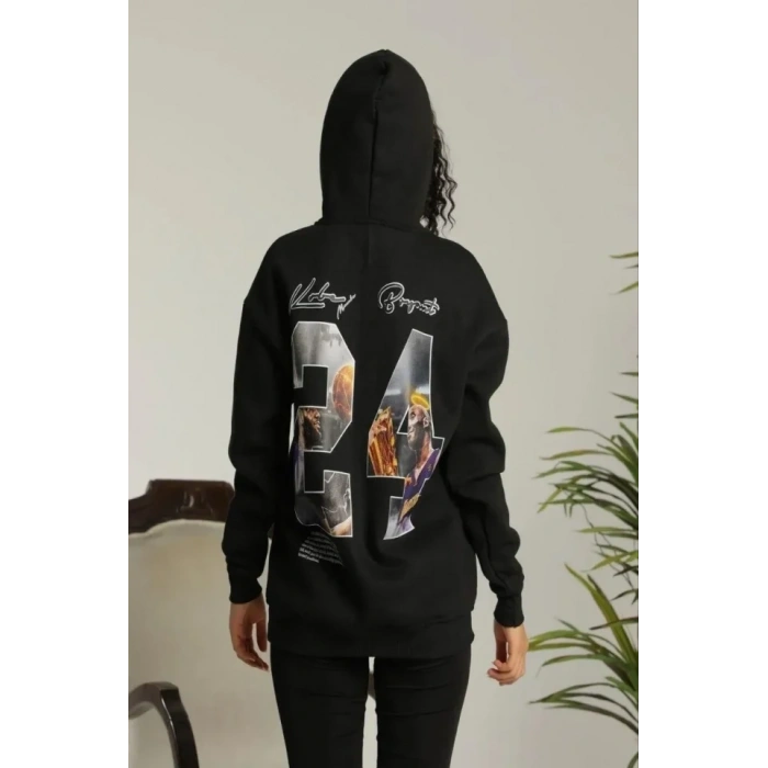 MARSiLYAN- Baskılı Oversize Üç İplik Kapüşonlu Sweatshirt - Siyah