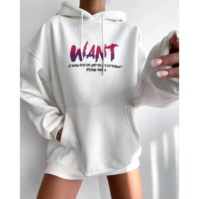 MARSiLYAN- Baskılı Üç İplik Kapüşonlu Oversize Sweatshirt - Beyaz