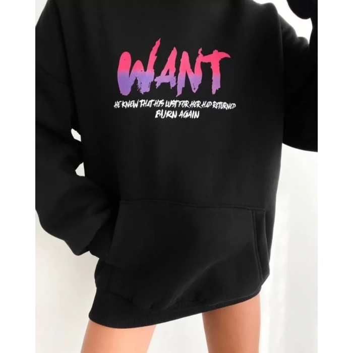 MARSiLYAN- Baskılı Üç İplik Kapüşonlu Oversize Sweatshirt - Siyah