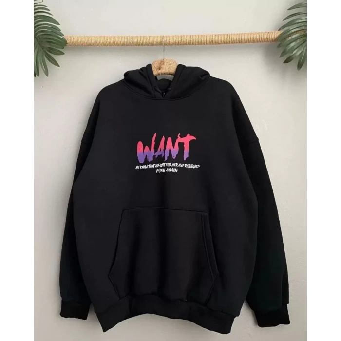 MARSiLYAN- Baskılı Üç İplik Kapüşonlu Oversize Sweatshirt - Siyah