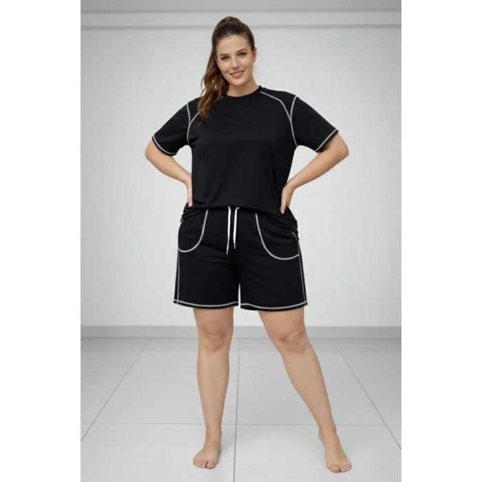 MARSiLYAN- Battal Beden Kısa Kollu Tişört Şort Takım Kontrast Dikiş Detaylı Günlük Ev Giyimi - Siyah