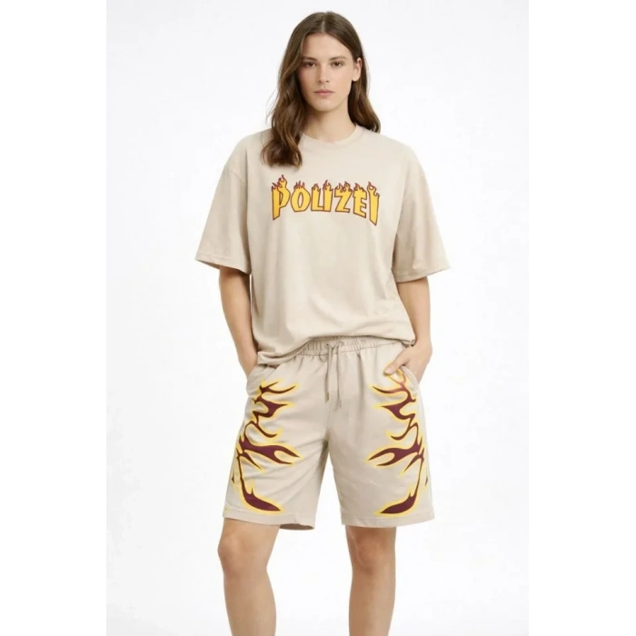 MARSiLYAN- Bej Oversize Baskılı Tişört Şort Takım Cepli Şort Yazlık Rahat Günlük Kombin - Bej