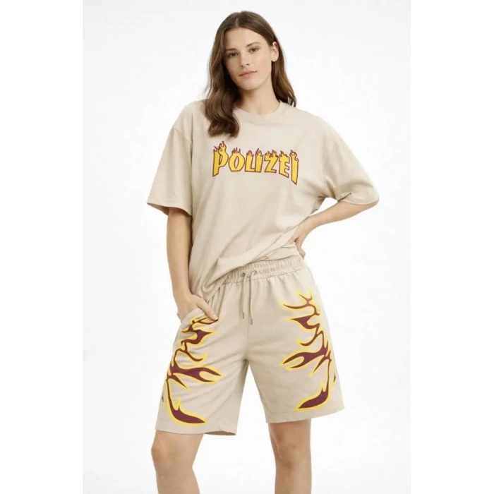 MARSiLYAN- Bej Oversize Baskılı Tişört Şort Takım Cepli Şort Yazlık Rahat Günlük Kombin - Bej