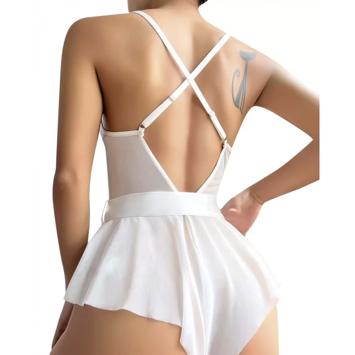 MARSiLYAN- Beyaz Dantel İşlemeli Kurdelalı Fantezi Tül Babydoll