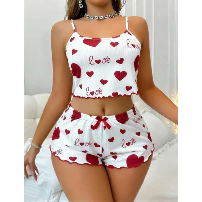 MARSiLYAN-  Beyaz Üstüne Kırmızı Kalp Desenli Askılı Şortlu Pijama Takımı
