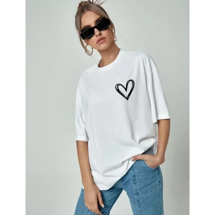 MARSiLYAN- Bisiklet Yaka Baskılı Oversize T-Shirt - Beyaz
