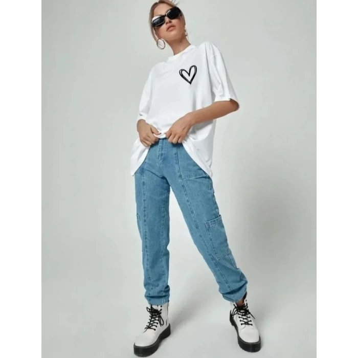 MARSiLYAN- Bisiklet Yaka Baskılı Oversize T-Shirt - Beyaz