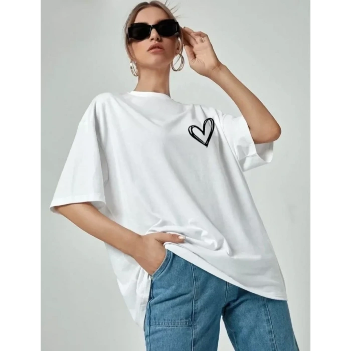 MARSiLYAN- Bisiklet Yaka Baskılı Oversize T-Shirt - Beyaz