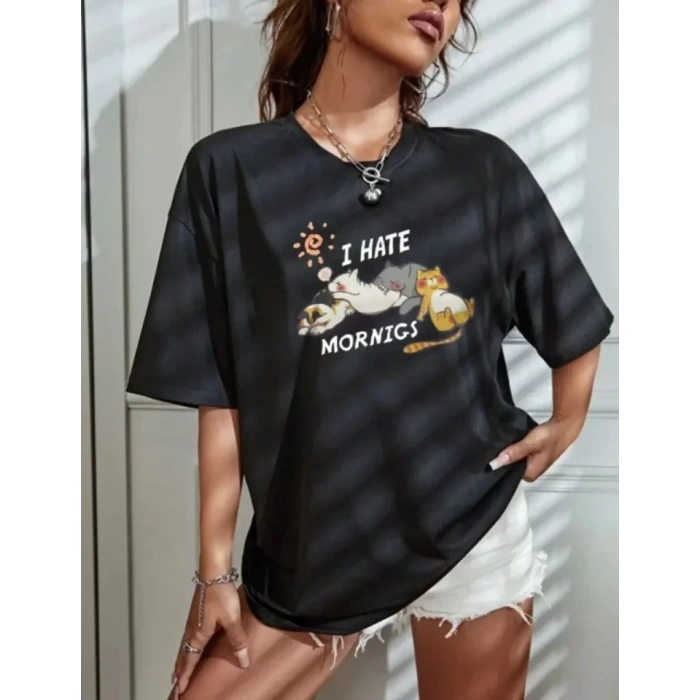 MARSiLYAN- Bisiklet Yaka Baskılı Oversize T-Shirt - Siyah