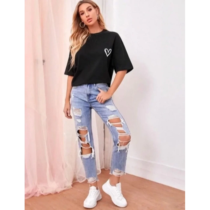 MARSiLYAN- Bisiklet Yaka Baskılı Oversize T-Shirt - Siyah
