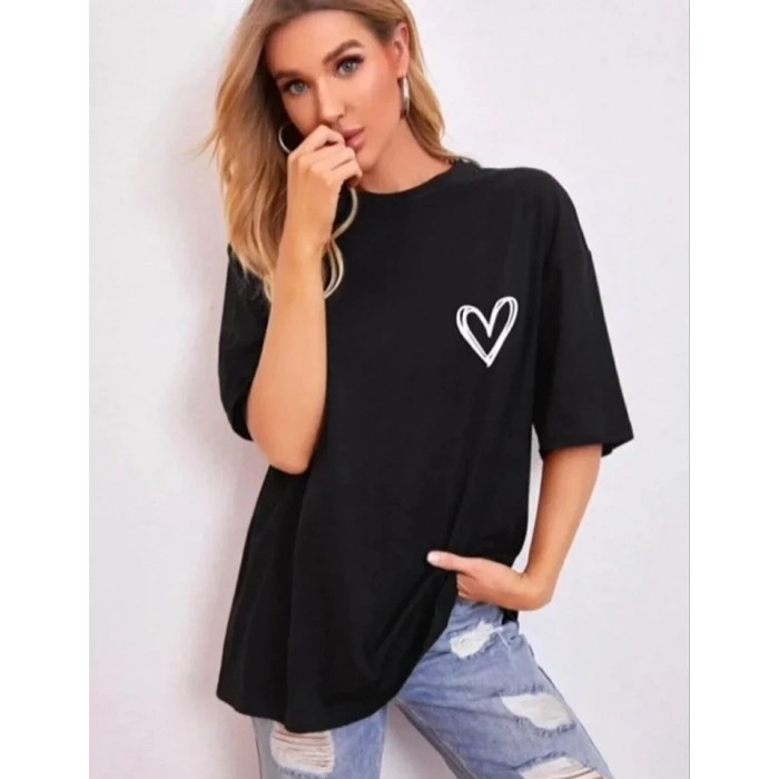 MARSiLYAN- Bisiklet Yaka Baskılı Oversize T-Shirt - Siyah