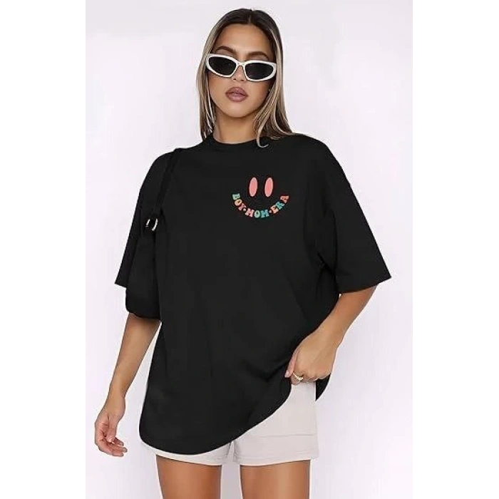 MARSiLYAN- Bisiklet Yaka Kısa Kol Baskılı T-shirt - Siyah