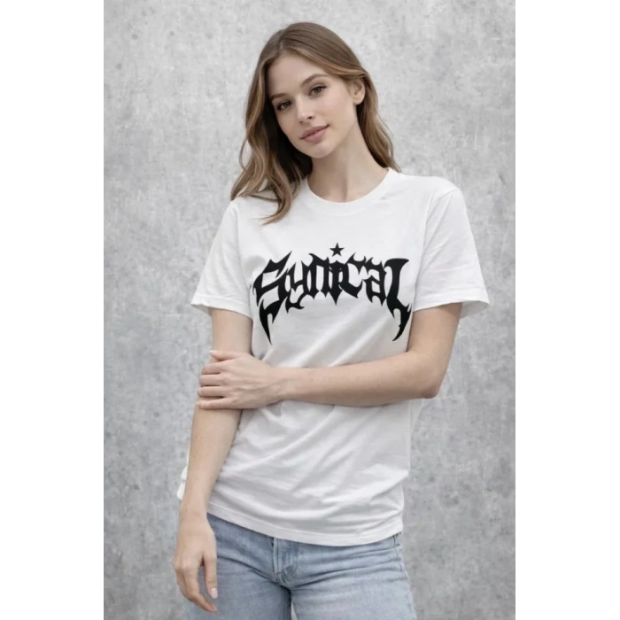 MARSiLYAN- Bisiklet Yaka Ön Baskılı Kısa Kollu Tişört Streetwear Günlük Basic Pamuklu T-shirt - Beyaz