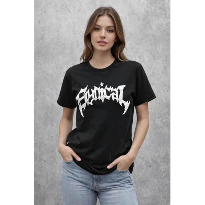 MARSiLYAN- Bisiklet Yaka Ön Baskılı  Kısa Kollu Tişört Streetwear Günlük Basic Pamuklu T-shirt - Siyah
