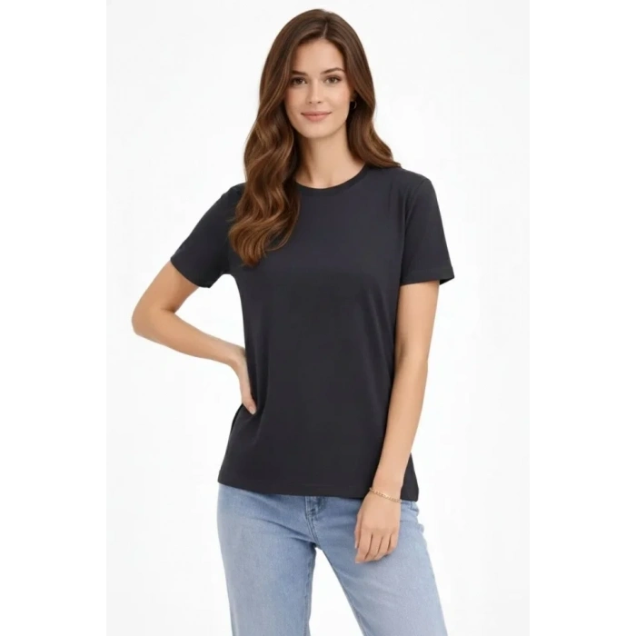 MARSiLYAN- Bisiklet Yaka Tişört Regular Kalıp Basic Pamuklu Günlük Kullanım T-shirt - Füme