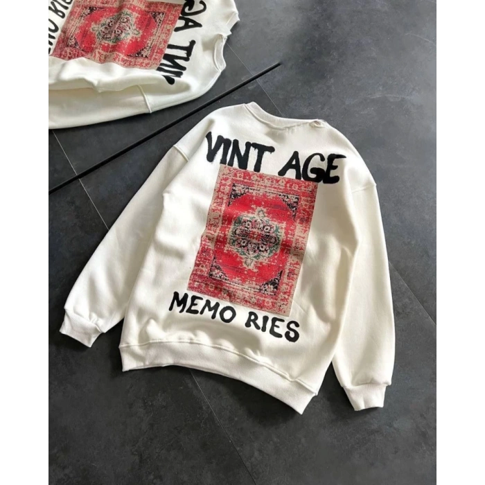 MARSiLYAN- Bisiklet Yaka Üç İplik Baskılı Oversize SweatShirt - Beyaz