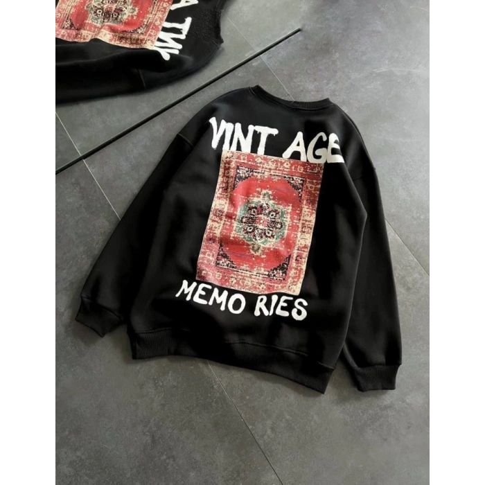 MARSiLYAN- Bisiklet Yaka Üç İplik Baskılı Oversize SweatShirt - Siyah