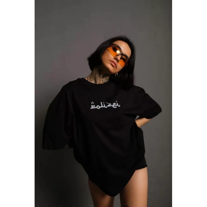 MARSiLYAN- Bisiklet Yakalı Sırt Baskılı Oversize T-Shirt - Siyah