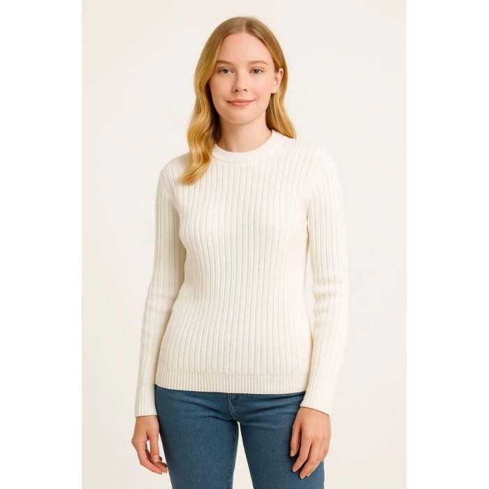 MARSiLYAN- Bisiklet Yuvarlak Yaka Triko Kazak Pamuklu Kalın Fitilli Dokuma, Regular Fit Uzun Kollu Kışlık Model - Beyaz