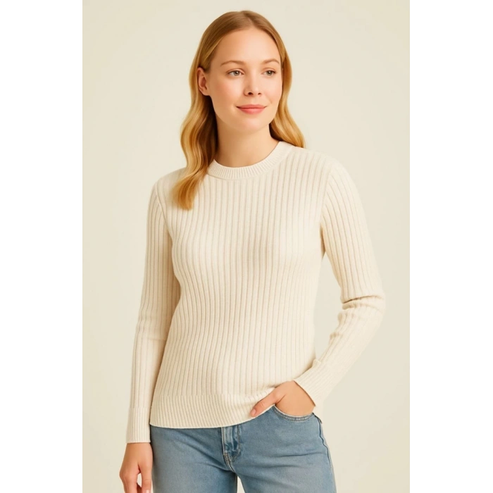 MARSiLYAN- Bisiklet Yuvarlak Yaka Triko Kazak Pamuklu Kalın Fitilli Dokuma, Regular Fit Uzun Kollu Kışlık Model - Bej