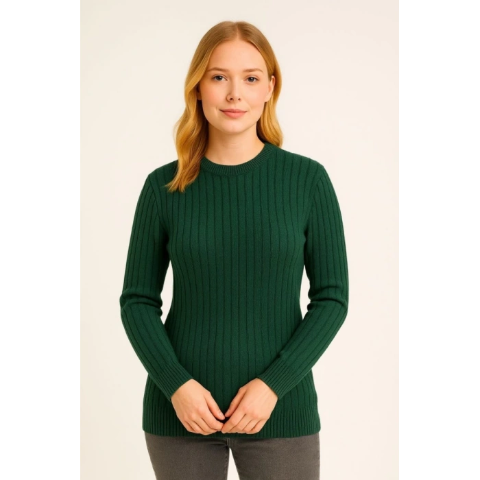 MARSiLYAN- Bisiklet Yuvarlak Yaka Triko Kazak Pamuklu Kalın Fitilli Dokuma, Regular Fit Uzun Kollu Kışlık Model - Haki