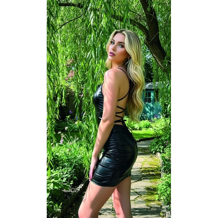 MARSiLYAN-  Black Gloss Eclipse Sırt Dekolteli Parlak Siyah Mini Deri Elbise