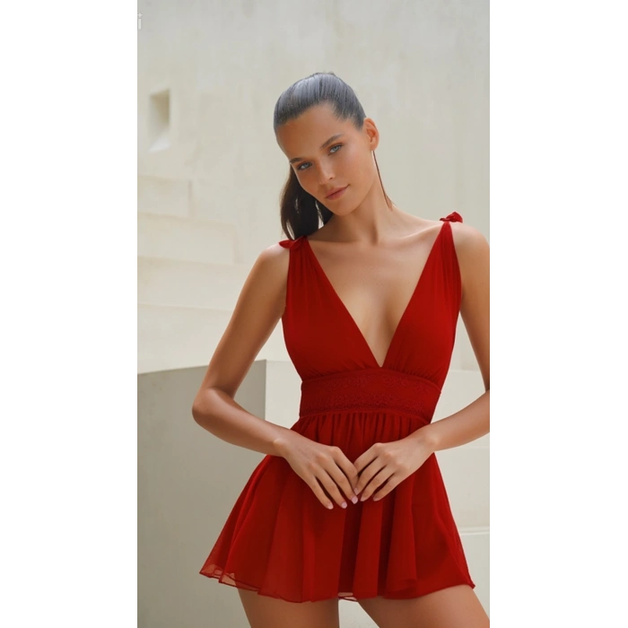 MARSiLYAN-  Bordeaux Lace Puantiye Tül Fantezi Gecelik