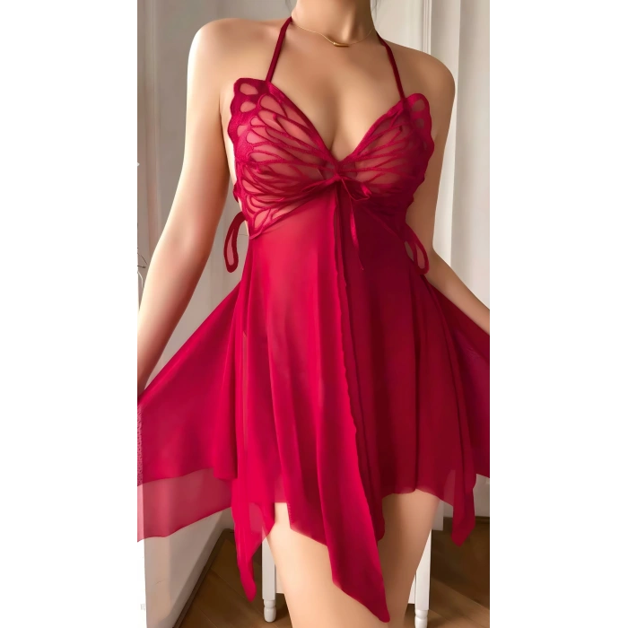 MARSiLYAN-  Bordo Butterfly Lace Kelebek İşlemeli Tül Fantezi Gecelik