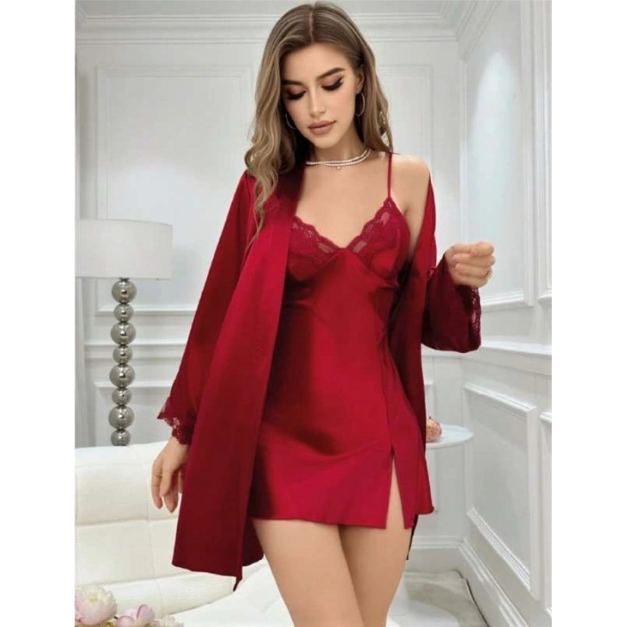 MARSiLYAN-  Bordo İnce Askılı Saten 2li Gecelik Sabahlık Takımı