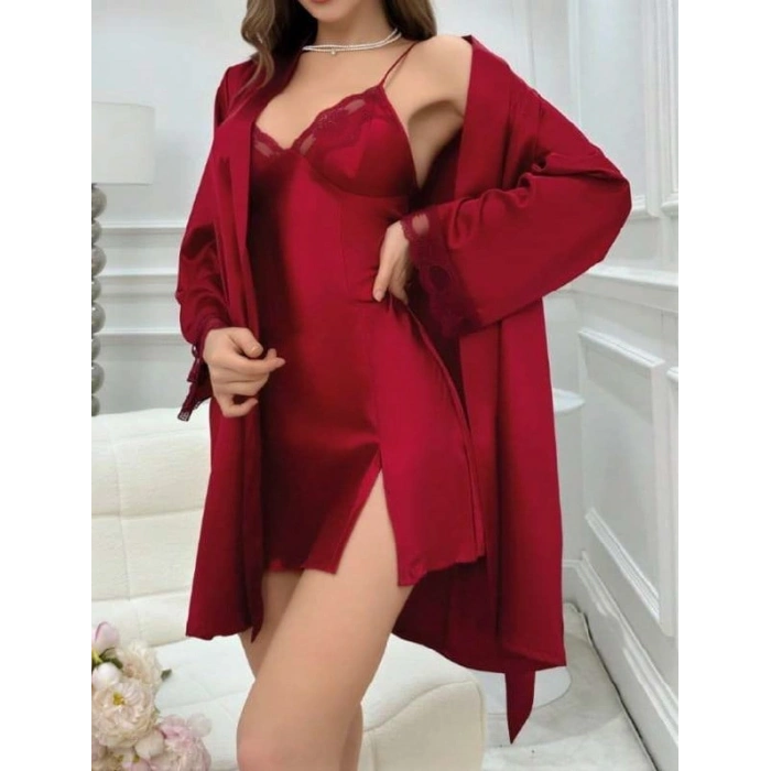MARSiLYAN-  Bordo İnce Askılı Saten 2li Gecelik Sabahlık Takımı