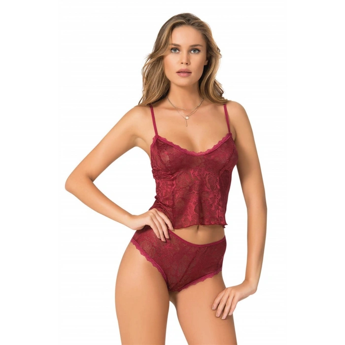 MARSiLYAN-  Bordo Jakarlı Babydoll Şort Takımı Zarif Kadın Gece Giyim