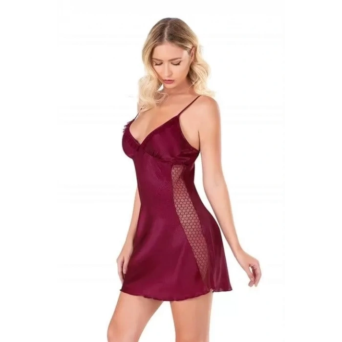 MARSiLYAN- Bordo Kısa Saten Gecelik 8105