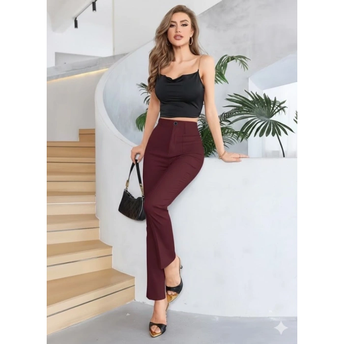 MARSiLYAN- Bordo Renk Yüksek Bel Maskülen Kesim Kumaş Pantolon