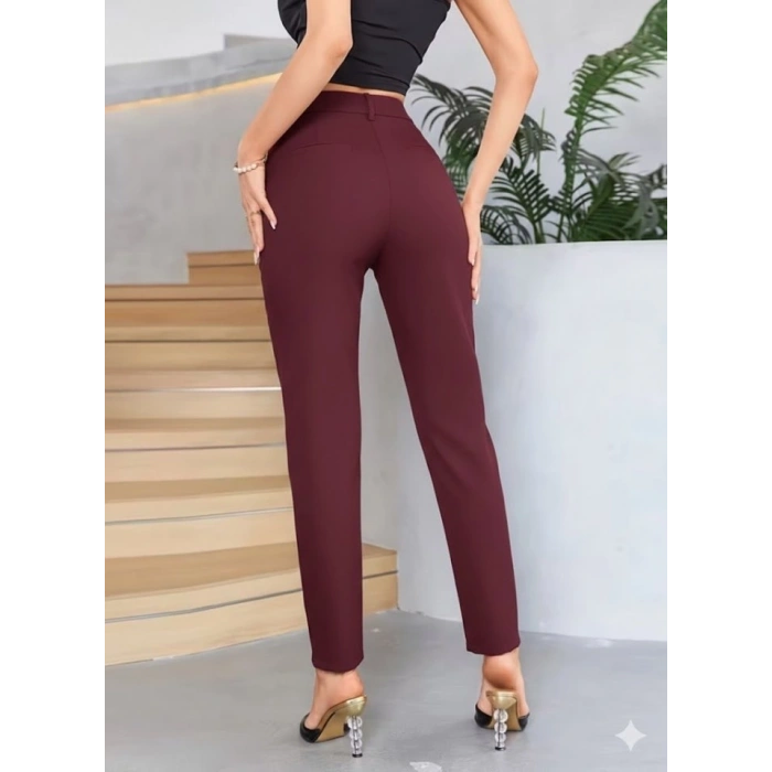 MARSiLYAN- Bordo Renk Yüksek Bel Maskülen Kesim Kumaş Pantolon