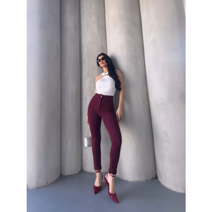 MARSiLYAN- Bordo Renk Yüksek Bel Maskülen Kesim Kumaş Pantolon