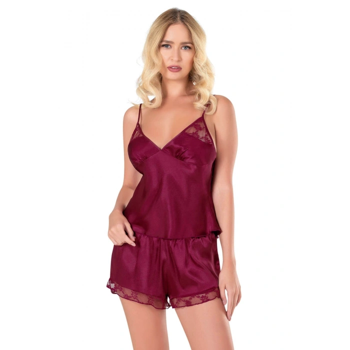 MARSiLYAN-  Bordo Saten Babydoll Şort Takımı
