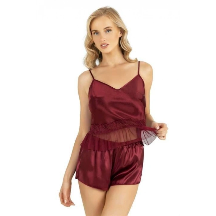 MARSiLYAN-  Bordo Saten Şort Takımı 9209