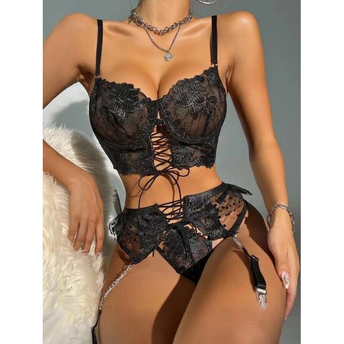MARSiLYAN-  Büstiyerli Dantel Fantezi Siyah Jartiyer Takımı