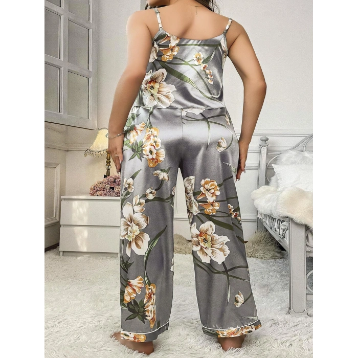 MARSiLYAN- Büyük Beden Çiçek Desenli İnce Askılı Gri 2li Takım