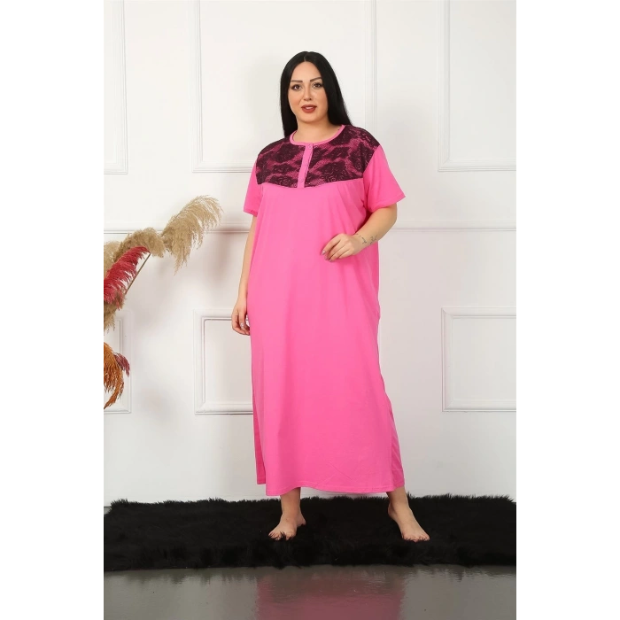 MARSiLYAN- Büyük Beden Dantelli Kısa Kol Fuşya Anne Gecelik