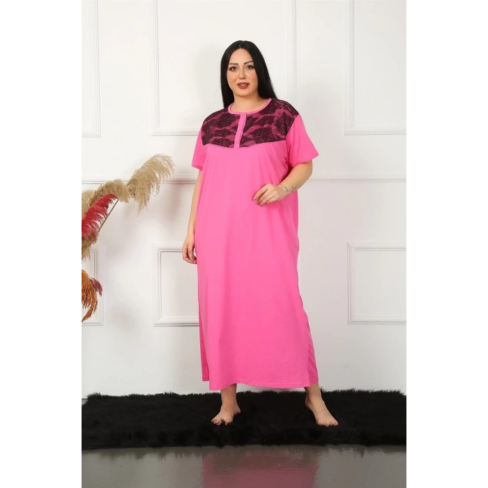 MARSiLYAN- Büyük Beden Dantelli Kısa Kol Fuşya Anne Gecelik