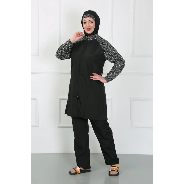 MARSiLYAN- Büyük Beden Desenli Tesettür Mayo Siyah