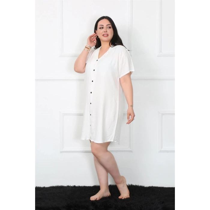 MARSiLYAN- Büyük Beden Dokuma Düğmeli Beyaz Tunik Gecelik