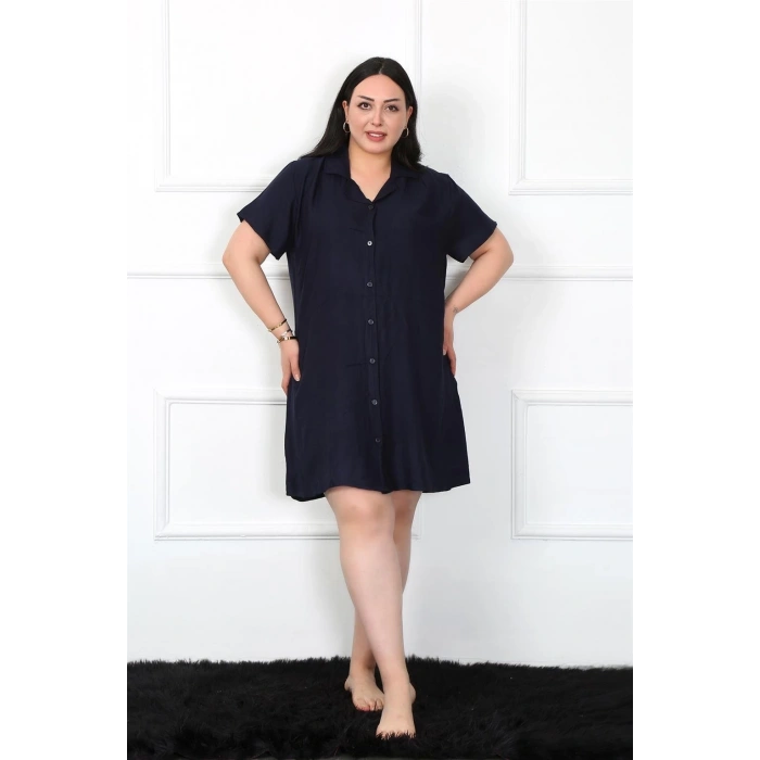 MARSiLYAN- Büyük Beden Dokuma Düğmeli Lacivert Tunik Gecelik