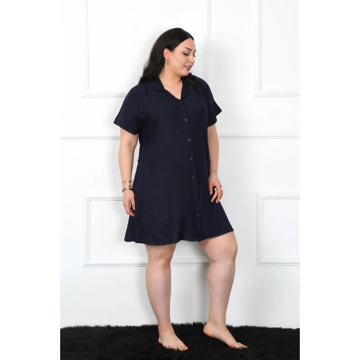 MARSiLYAN- Büyük Beden Dokuma Düğmeli Lacivert Tunik Gecelik