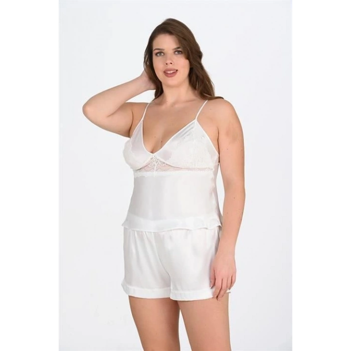 MARSiLYAN-  Büyük Beden Ekru Saten Şort Takımı